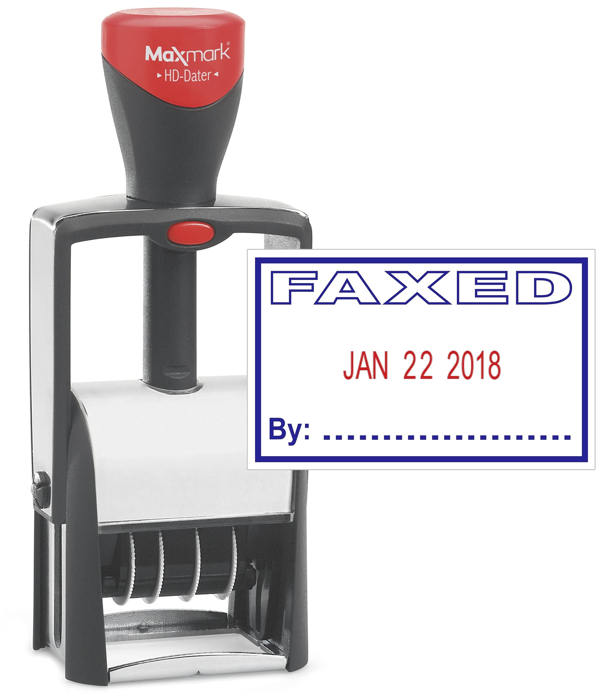 Maxmark Heavy Duty Self Inking Date Stamp With Phrase Faxed - 2 Color Blue/Red Ink