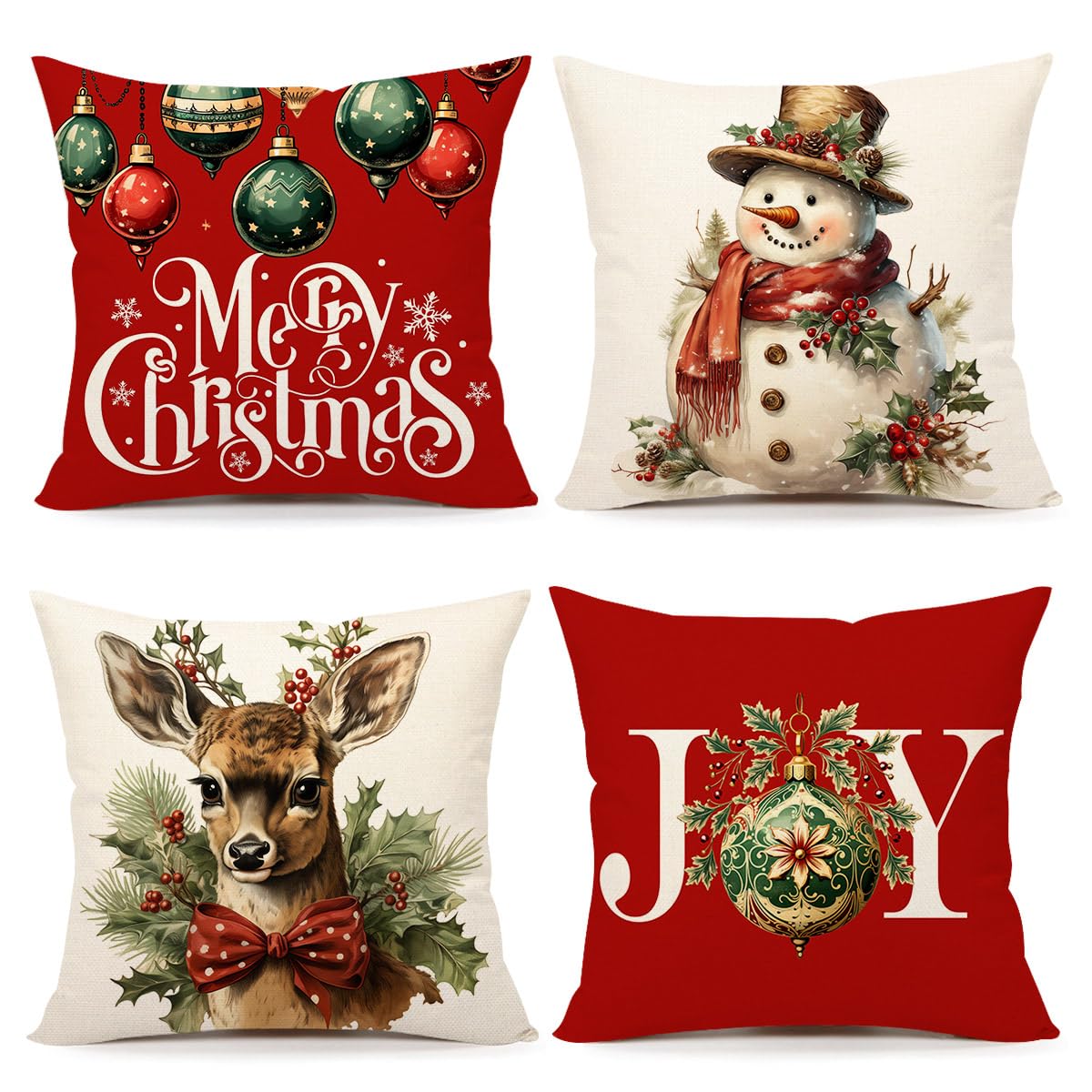 4Th Emotion Christmas Pillow Covers 20X20 Set Of 4 Red White Farmhouse Xmas Decorations Snowman Deer Joy Winter Holiday Decor Th