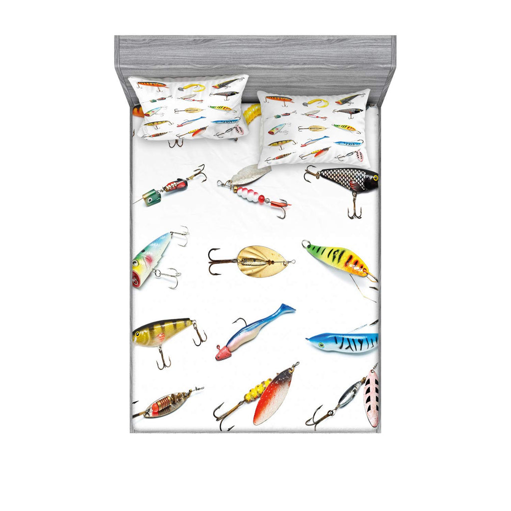 Ambesonne Fishing Fitted Sheet & Pillow Sham Set, Several Fish Hook Equipment Objects Trolling Angling Netting Gathering Activit