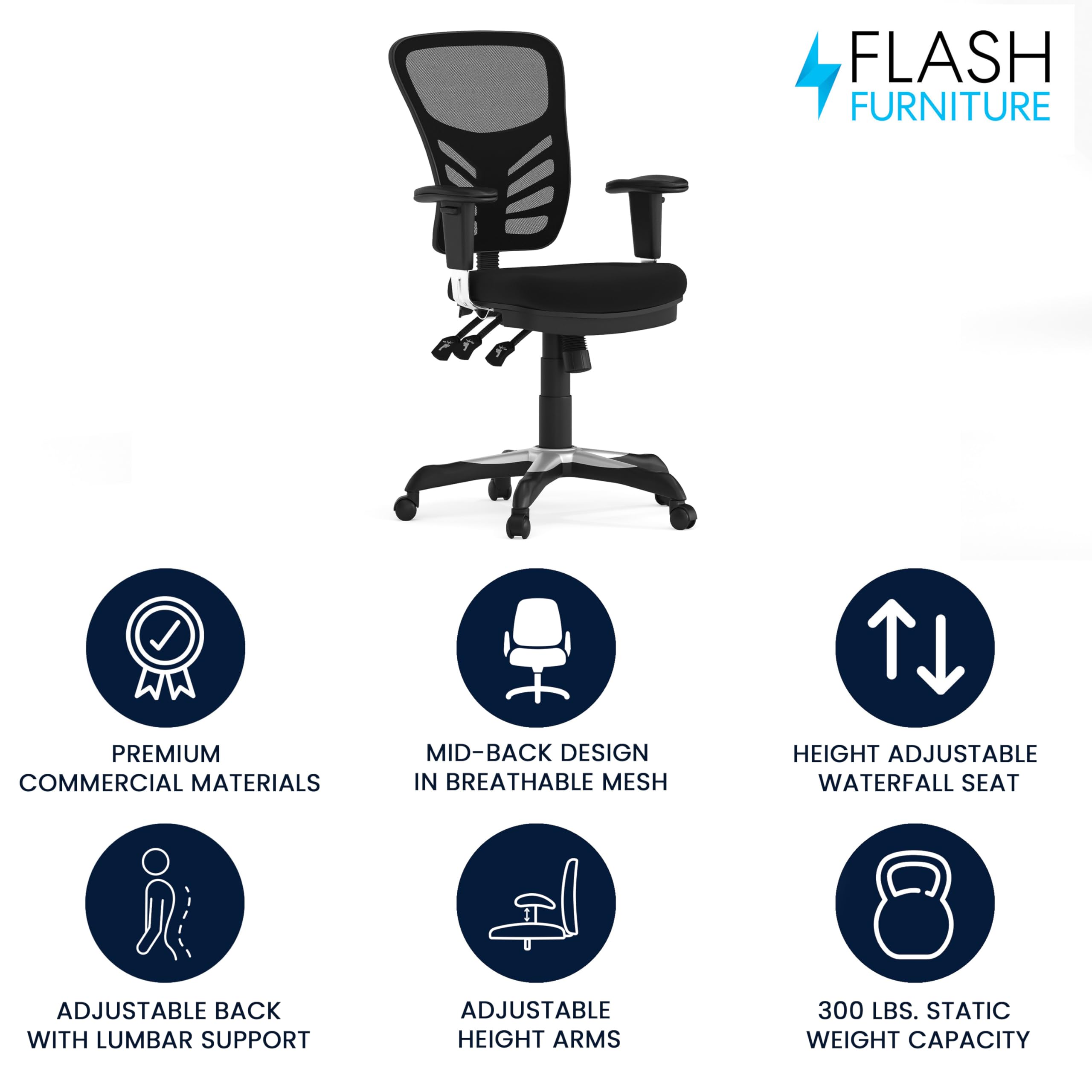 Flash Furniture Nicholas Mid-Back Swivel Office and Gaming Chair, Ergonomic Mesh Office Chair with Adjustable Lumbar Support and Height, Black