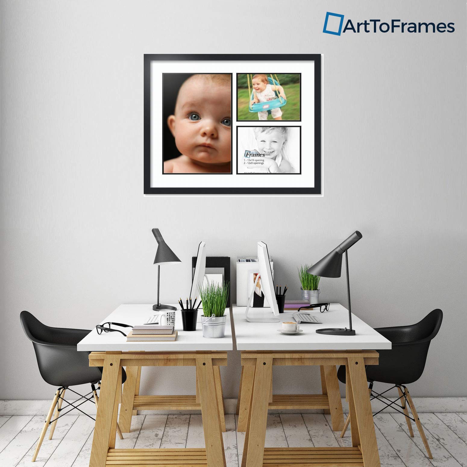 Arttoframes Collage Photo Frame Double Mat With 1 - 13X19 And 2 - 9X12 Openings And Satin Black Frame