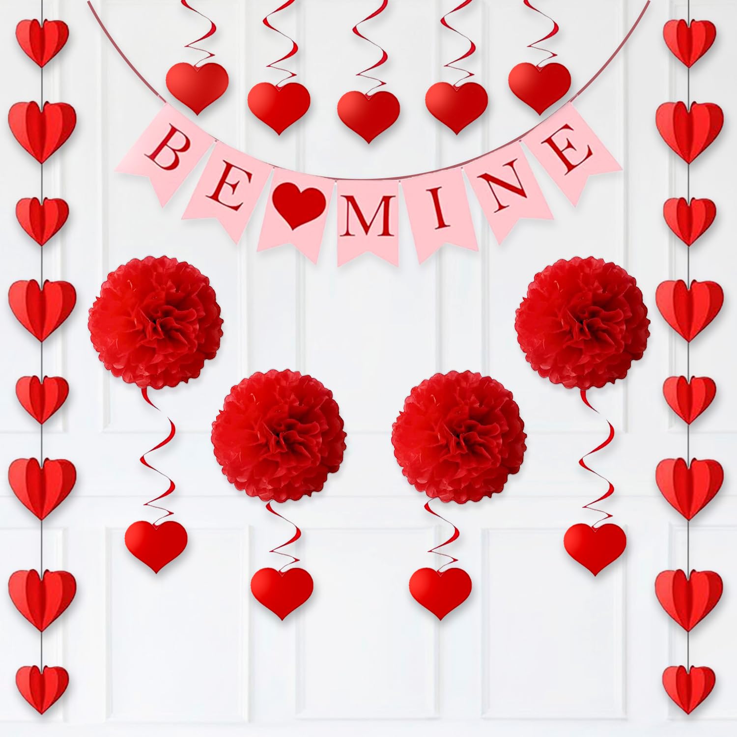 Party Propz Anniversary Decoration Items  13Pcs Heart Swirls Hanging, Heart Garland, Pom Pom Decoration Hanging And Be Mine Ban