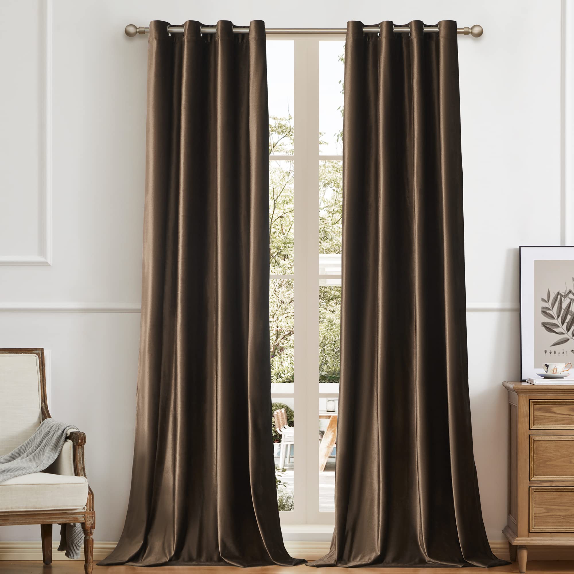 Bulbul Living Room Velvet Window Curtains 108 Inch Length- 2 Panels Brown Blackout Window Drapes Curtains Thermal Insulated Room