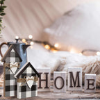 2 Pieces Buffalo Plaid Decor Wooden House Shaped Block Sign, Farmhouse Buffalo Plaid Home Sign Tiered Tray Decor For Christmas L