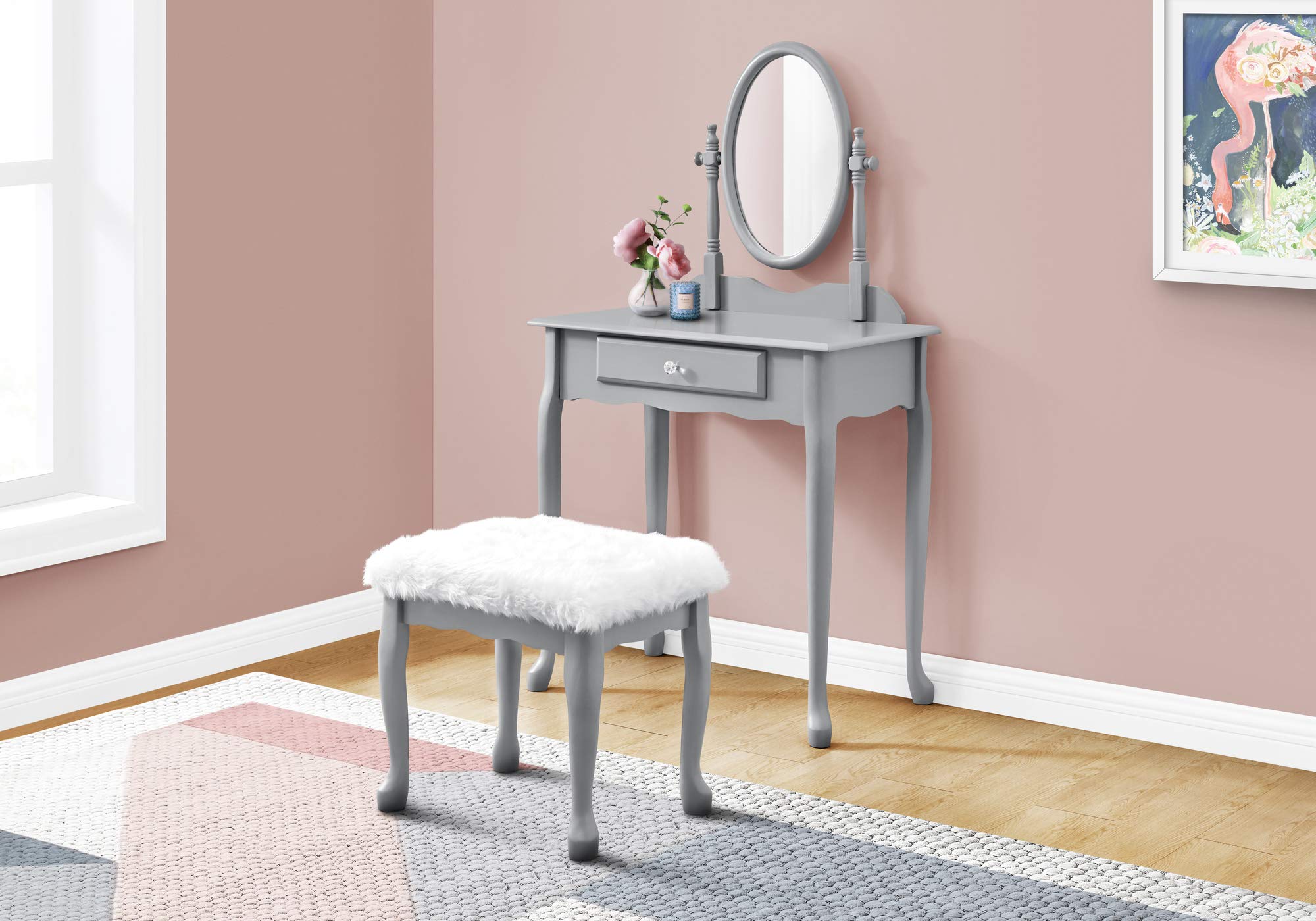 Monarch Specialties I 3182 Vanity Set, Set Of 2, Makeup Table, Organizer, Dressing Table, Bedroom, Wood, Laminate, Grey, White, Transitional