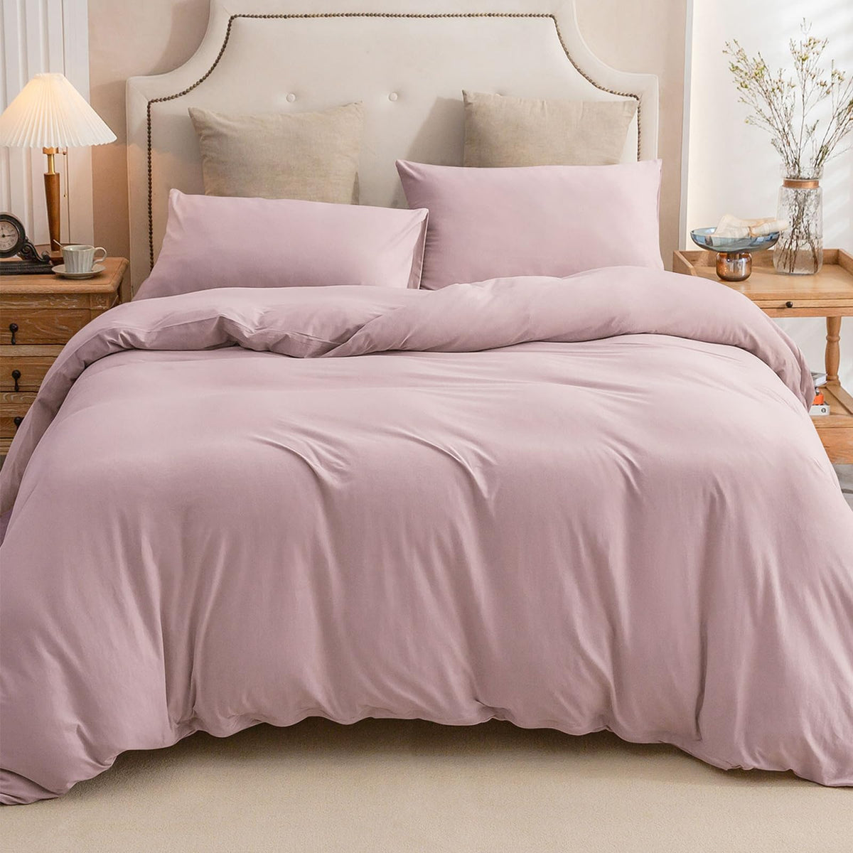 Pure Era Jersey Knit Duvet Cover Set 100% T-Shirt Cotton Super Soft Comfy 3Pc Bedding Set With Zipper Closure (Solid Light Pink,
