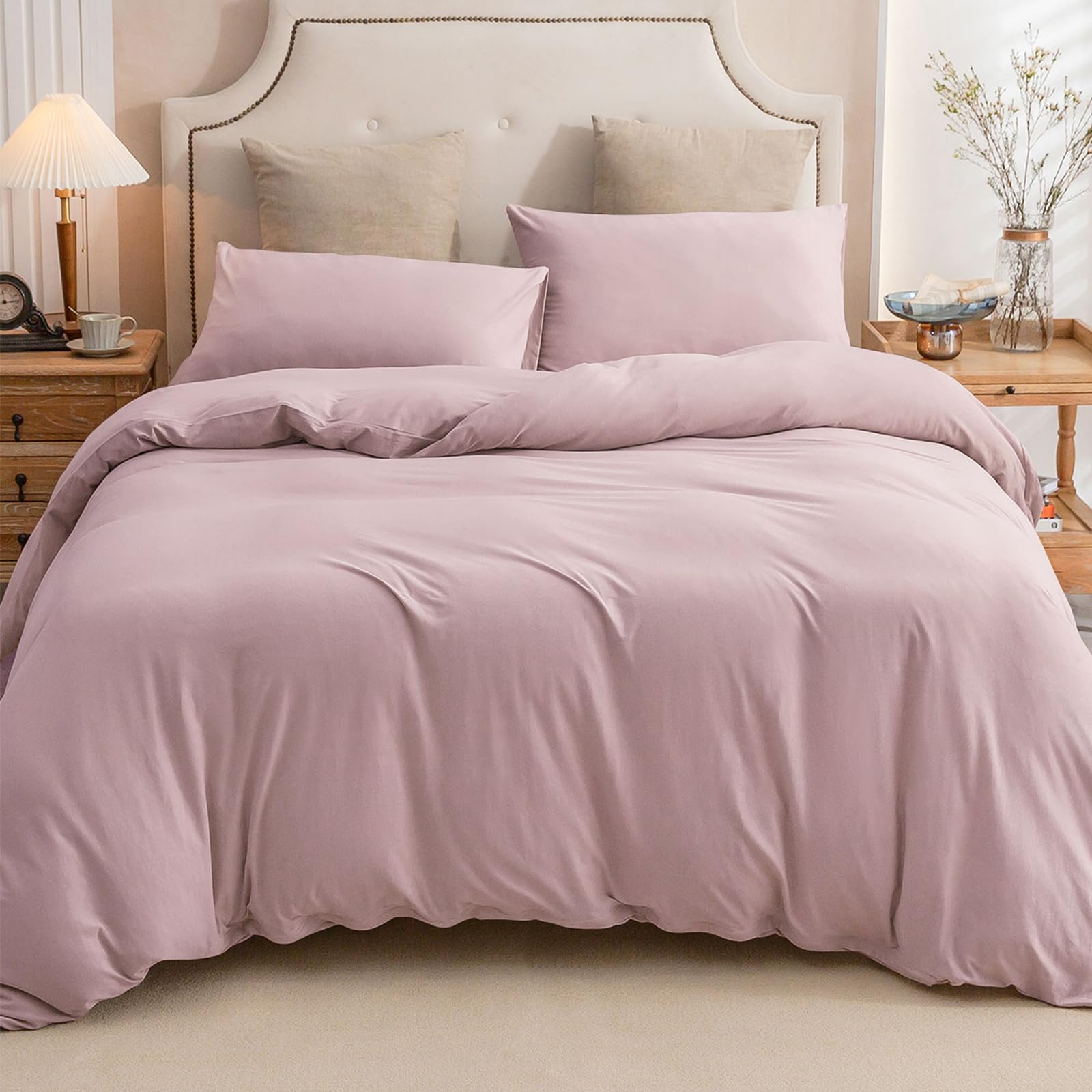 Pure Era Jersey Knit Duvet Cover Set 100% T-Shirt Cotton Super Soft Comfy 3Pc Bedding Set With Zipper Closure (Solid Light Pink,