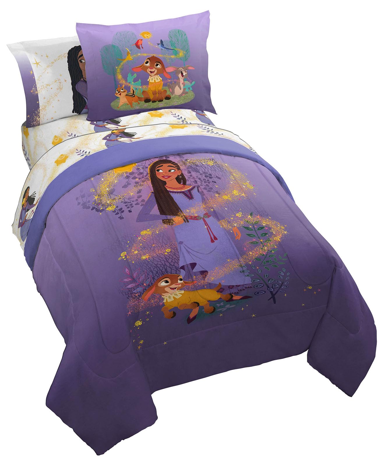 Disney Wish Full Comforter Set - 7 Piece Bed Set Includes Sheet Set & Pillow Covers - Super Soft Kids Bedding Features Asha, Val
