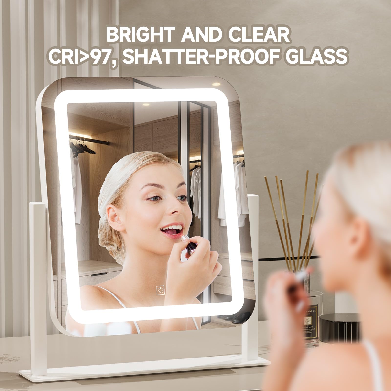 Primetek Vanity Mirror With Lights, 16X14 Inch Led Lighted Makeup Mirror, Large Makeup Mirror With Lights, Touch Screen, 3-Color