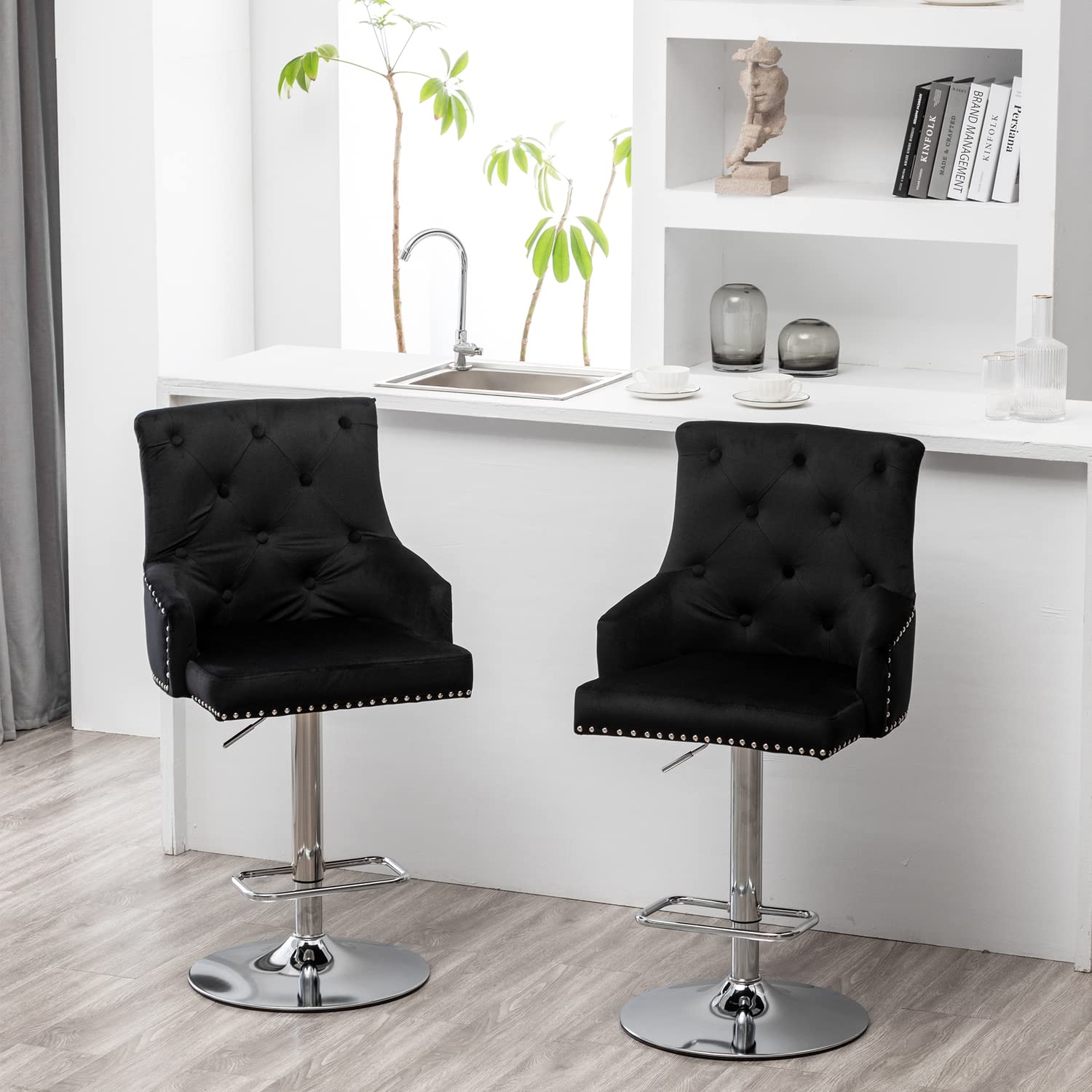 Better Home Products Monroe Velvet Tufted Adjustable Swivel Bar Stool Set - Thumbnail 4