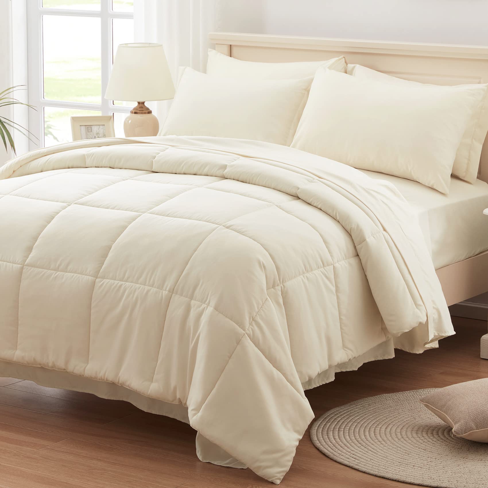 Anluoer Queen Size Bed In A Bag 7 Pieces, Cream White Bed Comforter Set With Comforter And Sheets, All Season Bedding Sets With