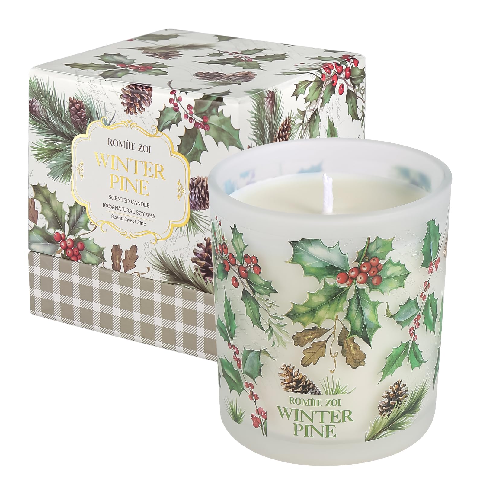 ROMIIE ZOI Christmas Scented Jar Candle - 6oz Soy Wax Candle - Winter Pine Infused with Sweet Pine Aroma - with Beautiful Keepsa