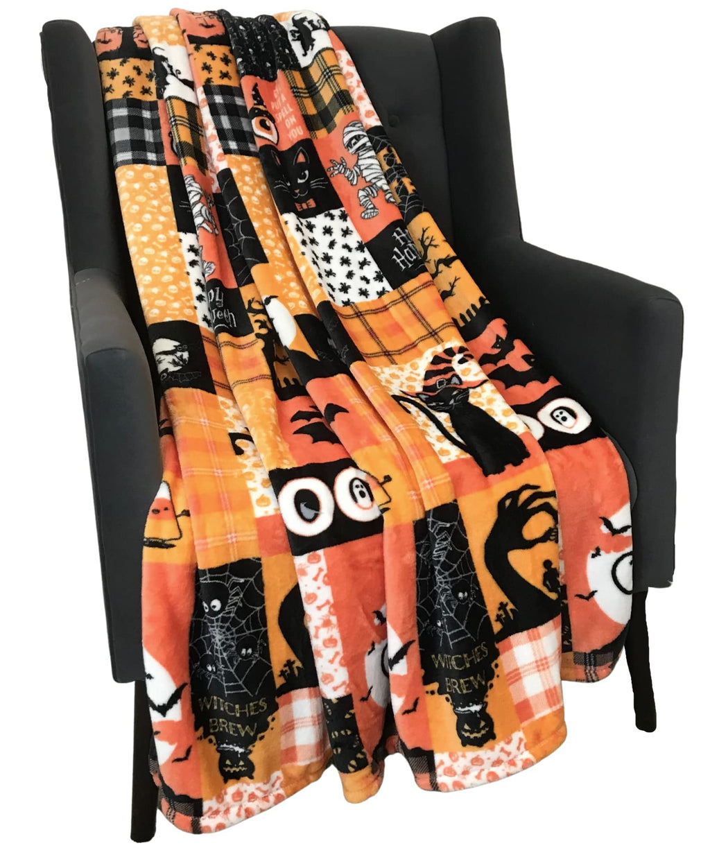 Halloween Blanket Throw: Patchwork Decor Witch Jack O Lantern on Soft Velvet Fleece for Sofa Bed Couch Chair for Adults Kids