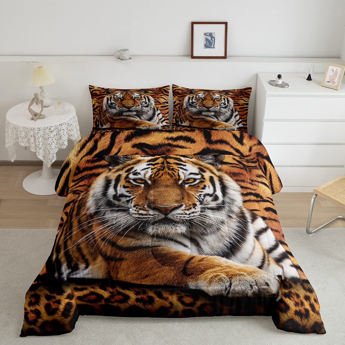 Tiger 3D Print Comforter Set Full Size Wild Animals Bedding Set 3Pcs For Kids Teens Room Decor,Animal Fur Quilt Set Soft Breatha