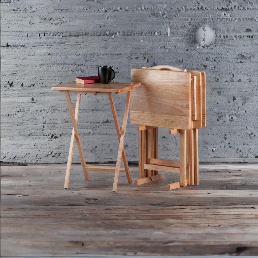 Ergode Wood Alex 5-Piece Snack Tables Set | Foldable & Stable | Solid Wood | Includes 4 Tables & Storage Rack | Clear Lacquer Finish | No Assembly Required for Tables | 19' W x 14.5' D x 25.9' H