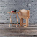 Ergode Wood Alex 5-Piece Snack Tables Set | Foldable & Stable | Solid Wood | Includes 4 Tables & Storage Rack | Clear Lacquer Finish | No Assembly Required for Tables | 19' W x 14.5' D x 25.9' H