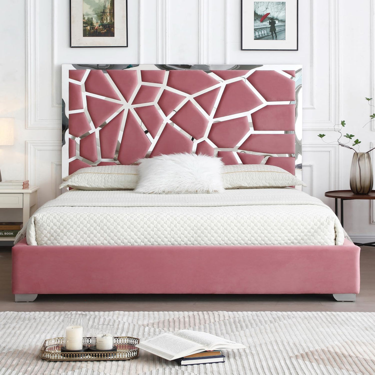 Woodpecker'S Inc Serenity Velvet Bed With Gold Metal Frame (Pink, King)