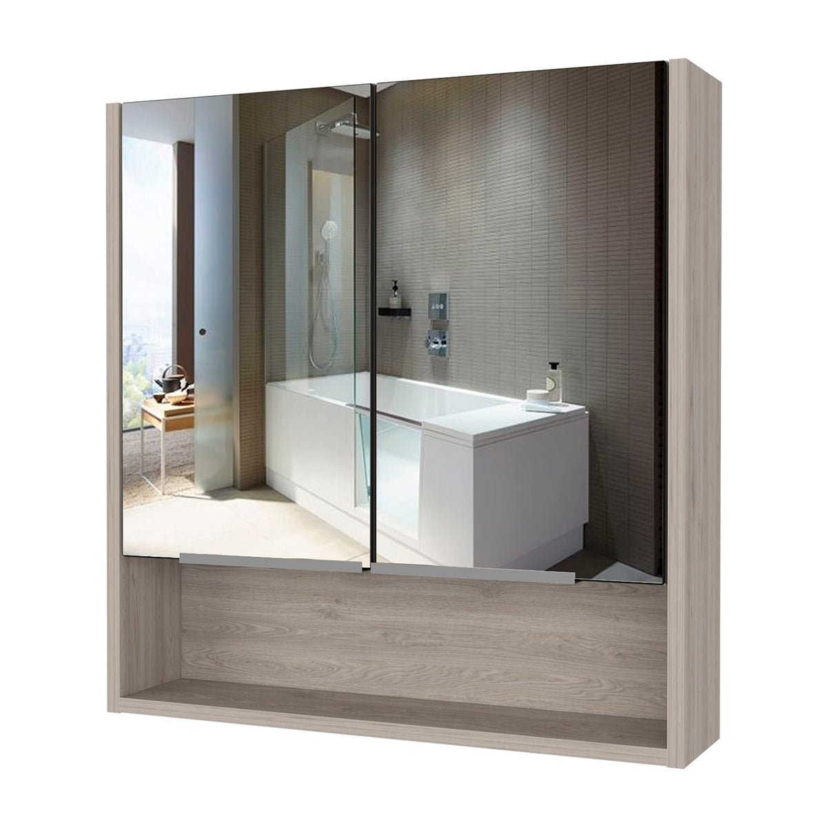 FM FURNITURE Ozark 24 Medicine Cabinet with Mirror, 3 Inner Shelves, and Open Shelf, Light Oak