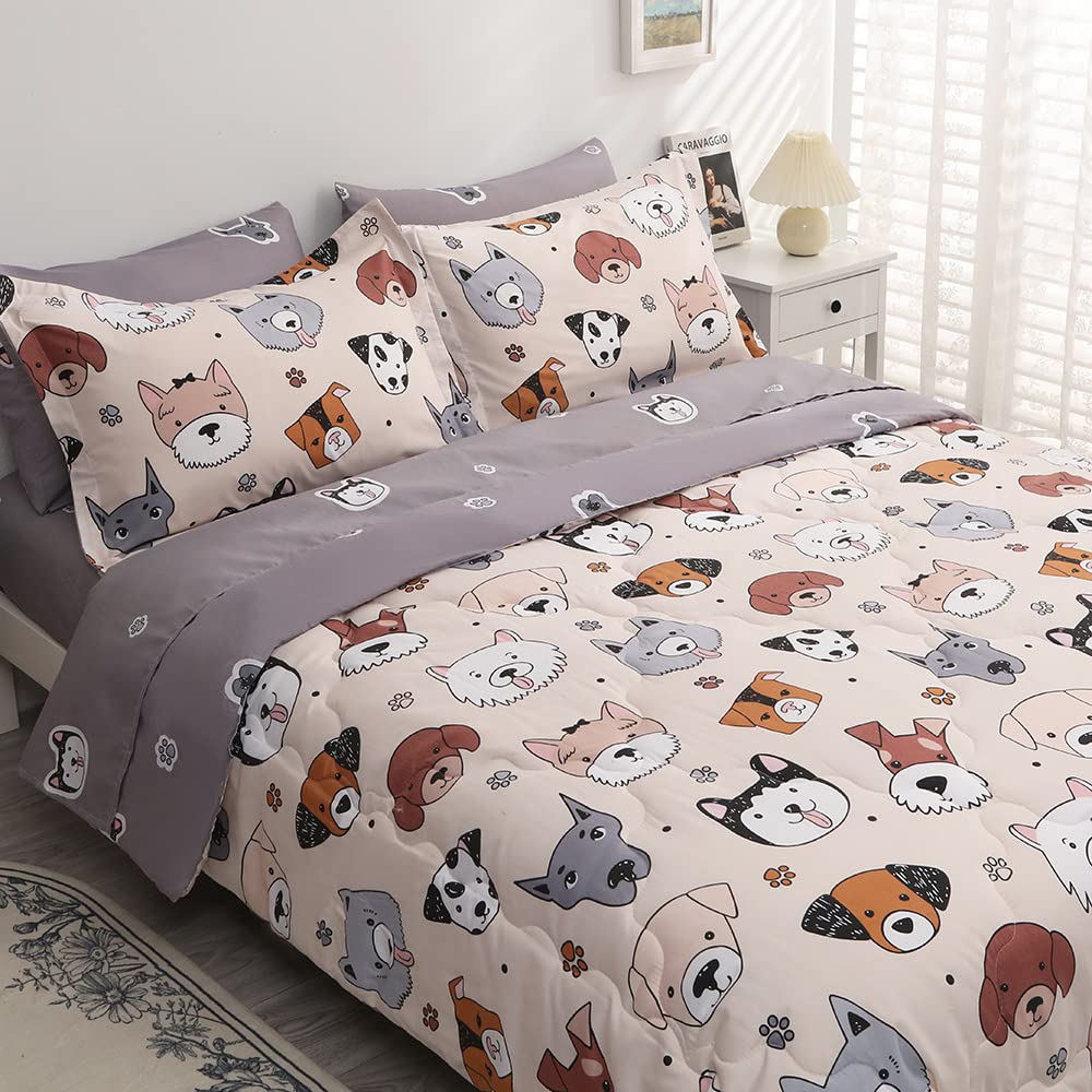 Gusuhome 7 Piece Kids Dog Comforter Full Size Cute Animal Dog Bedding Set Bed In A Bag For Boys Girls All Season (1 Comforter, 1