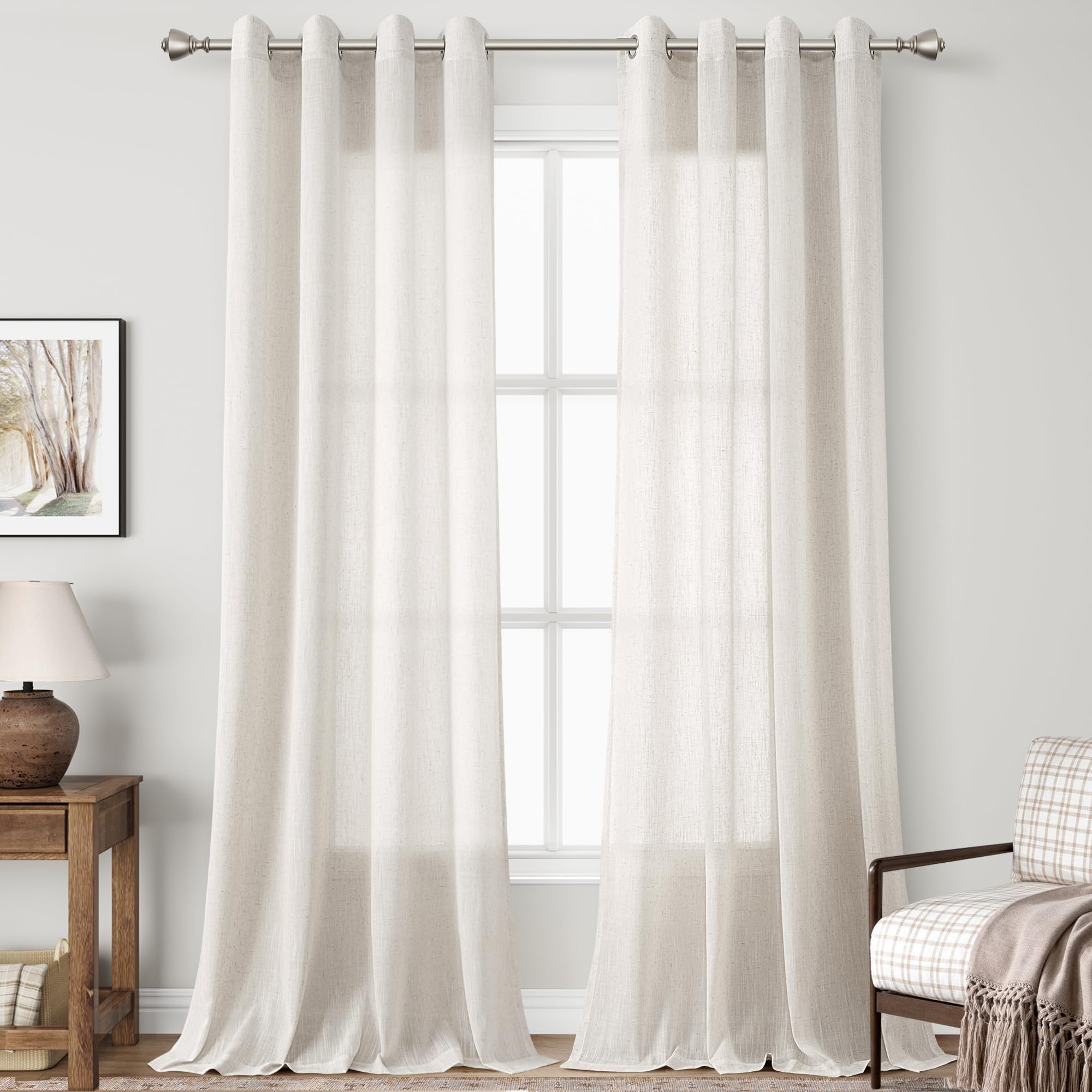 Beige Linen Curtains 90 Inches Long For Living Room Grommet Light Filtering Sheer Privacy Window Curtain 90 Inch Length 2 Panels
