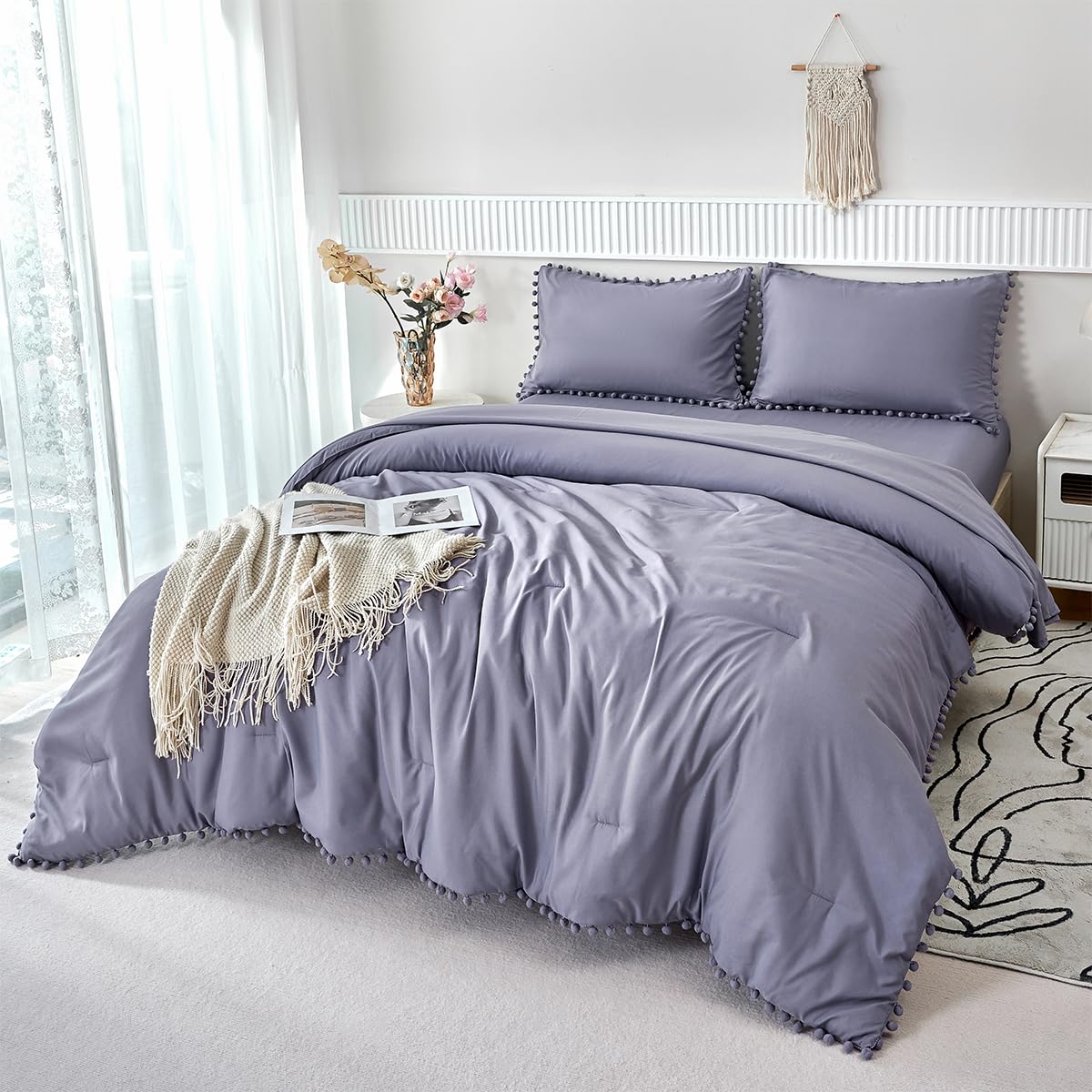 Perfemet 5-Piece Pom Pom Twin Bed In A Bag For Girls Purple Boho Bedding Comforter Set With Sheet Fluffy Soft Lightweight Kids B