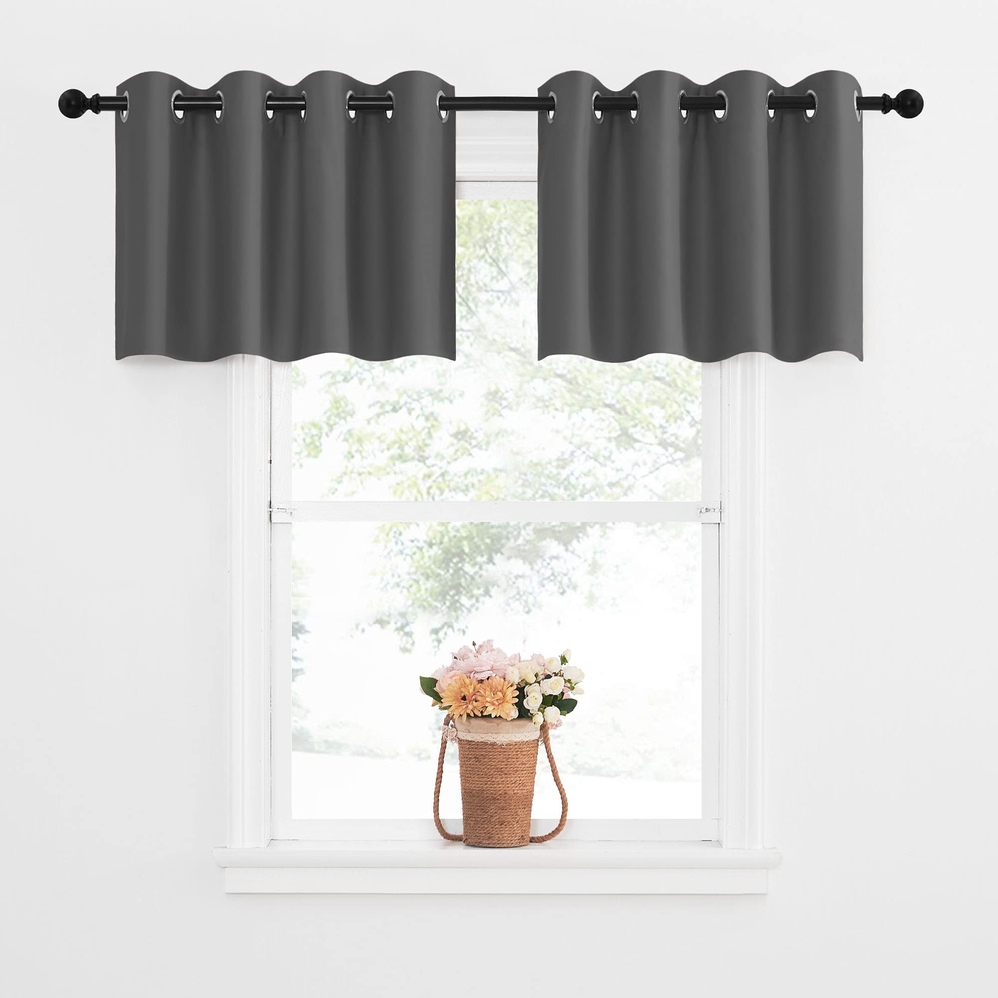 Nicetown Blackout Kitchen Tiers Window Valances For Living Room - Thermal Insulated Blackout Grommet-Top Short Curtains For Cafe Store/Basement (Grey, 2 Panels, 52W By 18L With 1.2 Inches Header)