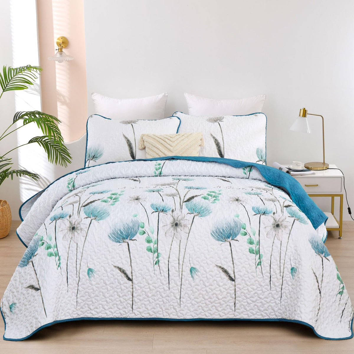 Dinjoy Floral Quilt Set Queen Size,Teal Bedspread Coverlet Botanical 3 Pieces Summer Quilts Microfiber Lightweight Blue Bedsprea
