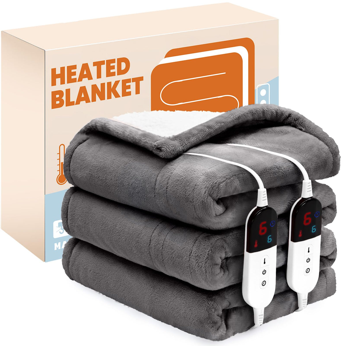 Ptq Electric Heated Blanket,Flannel & Sherpa Heated Twin Blanket 62'X84',Fast Heating Soft Fleece Blanket With 6 Heating Level