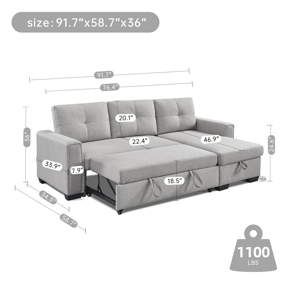 American Furniture Classics Light Grey Tufted Sectional Chaise Sofa Sleeper with Storage, 92" x 59" x 36"