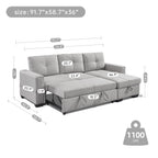 American Furniture Classics Light Grey Tufted Sectional Chaise Sofa Sleeper with Storage, 92" x 59" x 36"