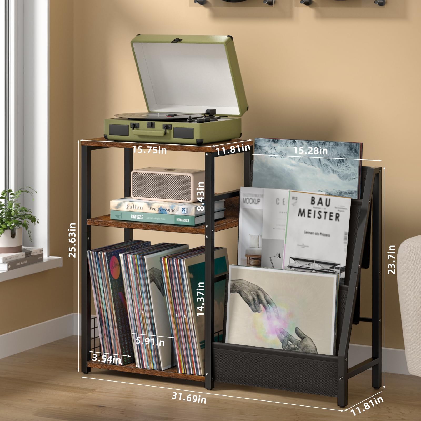 Lelelinky Record Player Stand With Vinyl Storage, 3 Tier Turntable Stand With Display Shelf Storage Up To 150 Albums,Brown End Table For Living Room