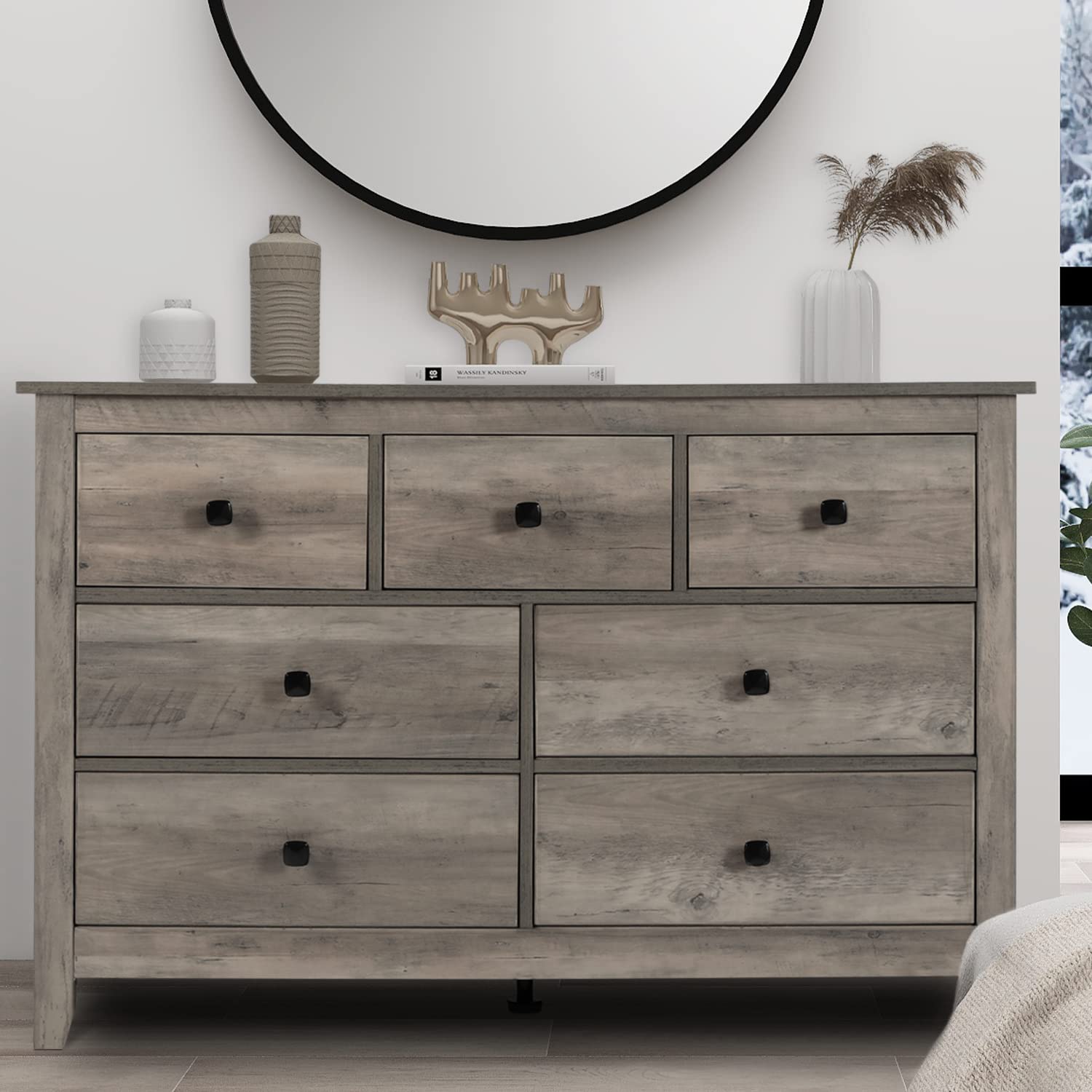 Vikiullf 7 Drawer Dresser - Wooden Bedroom Dresser, Gray Storage Drawers Cabinet for Bedroom, Living Room, Farmhouse Dresser Org