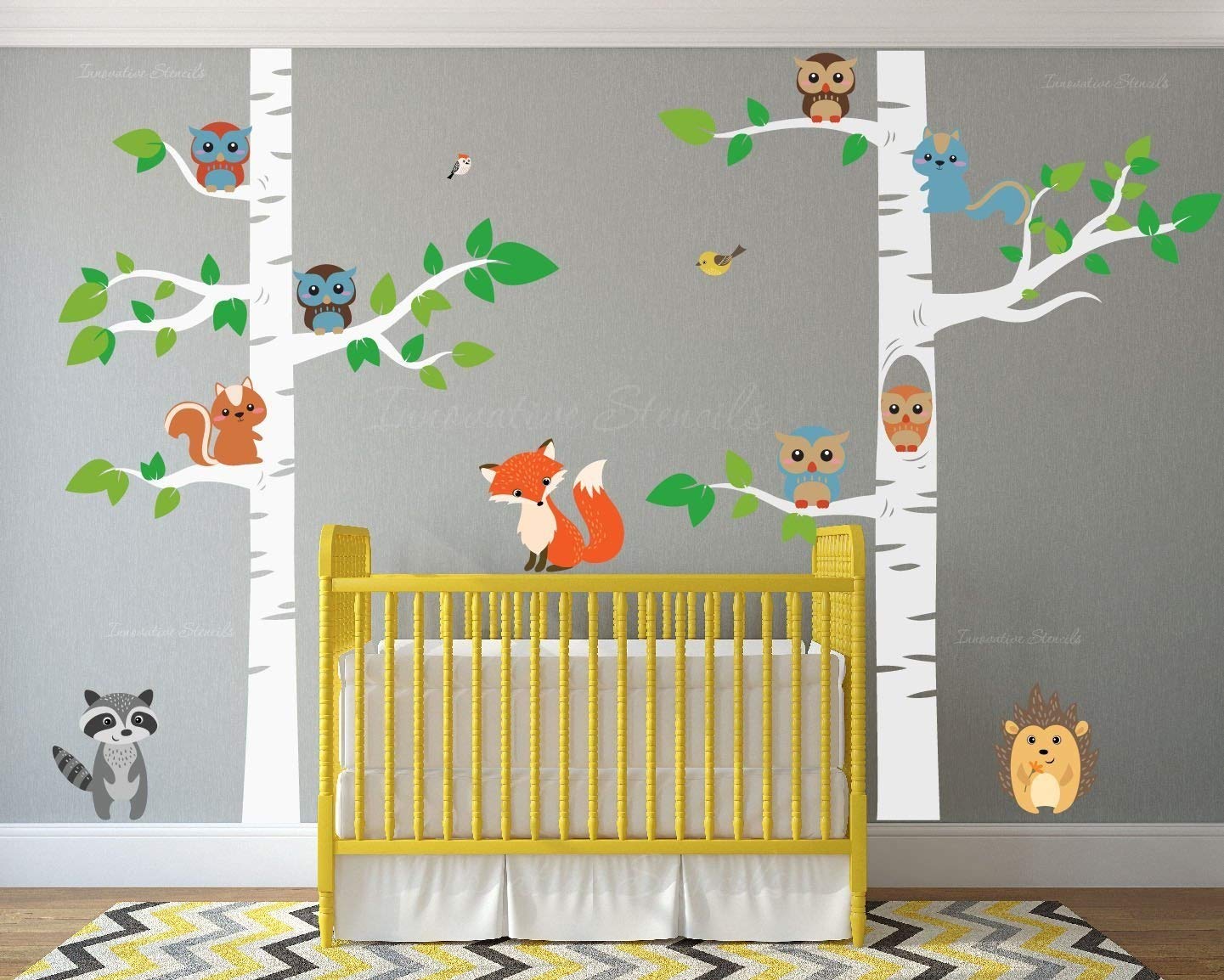 Birch Tree Wall Decal Forest with Owl Birds Squirrels Fox Porcupine Racoon Vinyl Sticker Woodland Children Decor Removable #1327