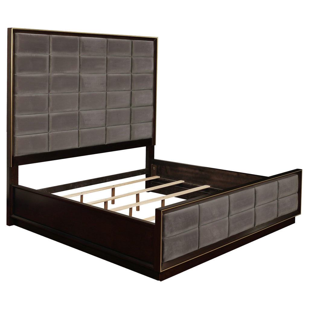 Coaster Home Furnishings Durango Contemporary 4-Piece Bedroom Set Velvet Upholstered Eastern King Size Panel Bed Frame 80-inch Headboard Smoked Peppercorn 223261KE-S4