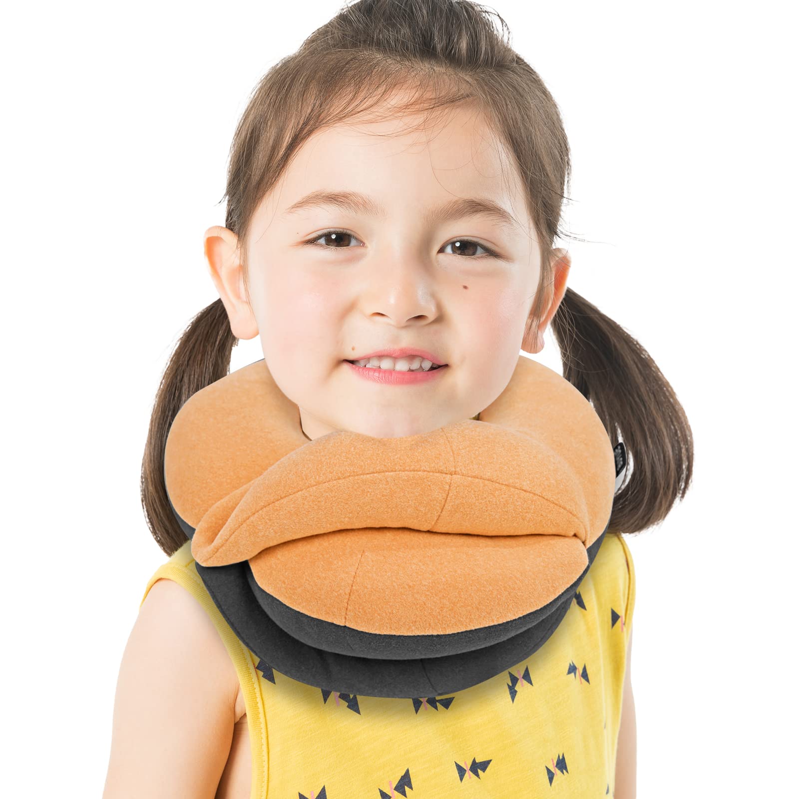 Buyue Kids Travel Pillows For Airplane, 360° Head Support Sleeping Essentials For Boys Long Flight, Skin-Friendly Soft Neck Pillow For Traveling In Car Seat, (Small, Orange Grey, 40-100 Lbs)