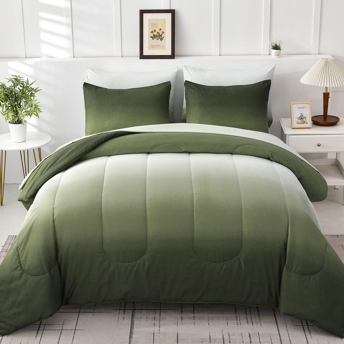Comforter Set Queen Green 7 Pieces Gradient Olive Green Lightweight Bed In A Bag Queen Size Set, All Season Complete Bedding Set