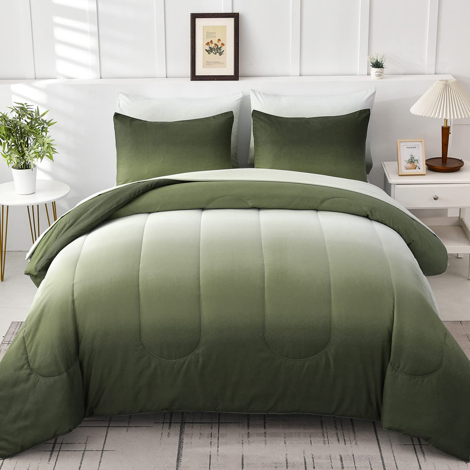 Comforter Set Queen Green 7 Pieces Gradient Olive Green Lightweight Bed In A Bag Queen Size Set, All Season Complete Bedding Set
