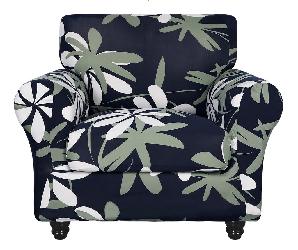 Searchi Stretch Sofa Cover Printed Couch Covers, Floral Pattern 2 Piece Armchair Slipcover With Separate Chair Cushion Cover, Washable Furniture Protector For Living Room(Chair, Navy Blue)