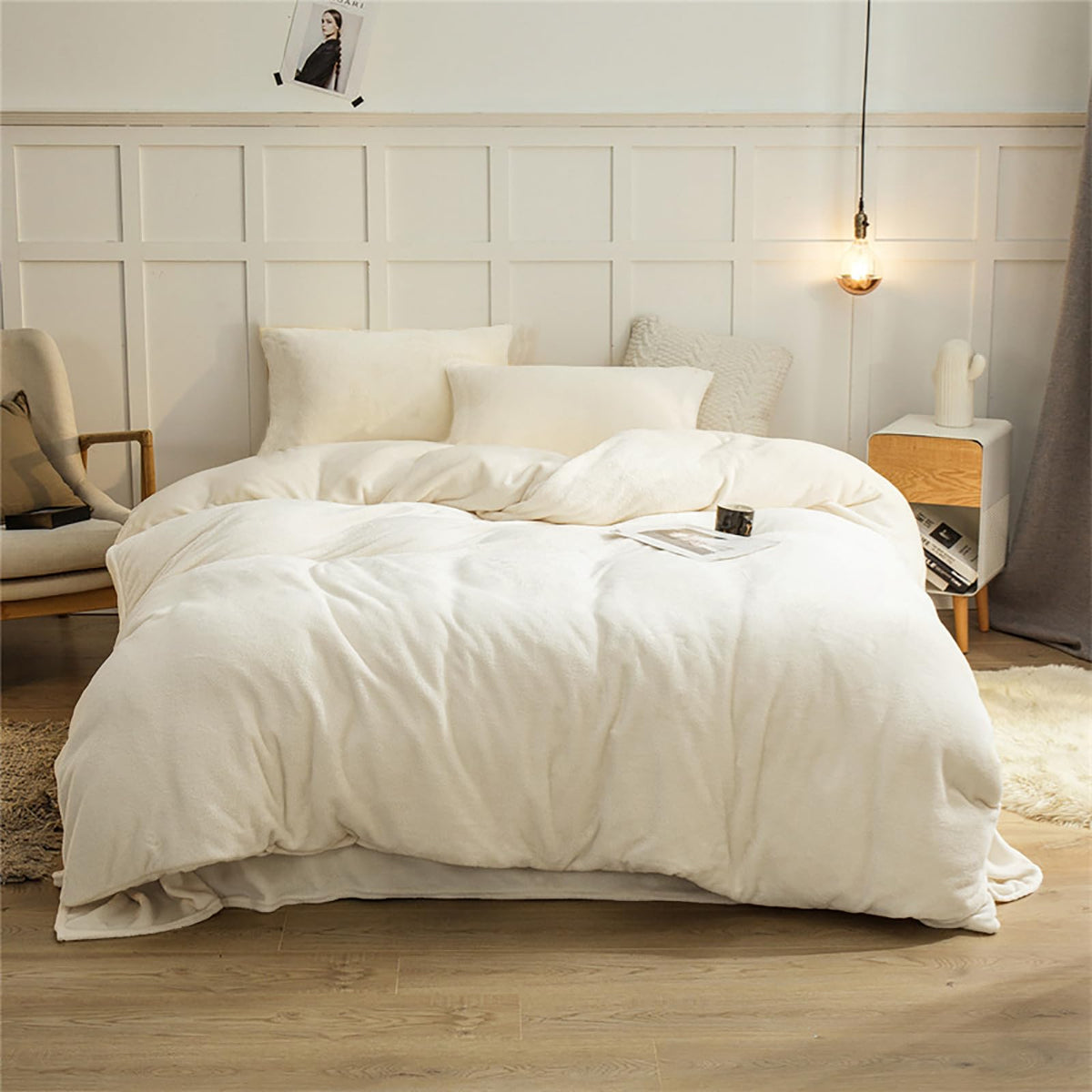 Cottonight White Velvet Comforter Set Queen Plush Fluffy Bedding Comforter Set Full Warm Cozy Super Soft Heavyweight Flannel Com