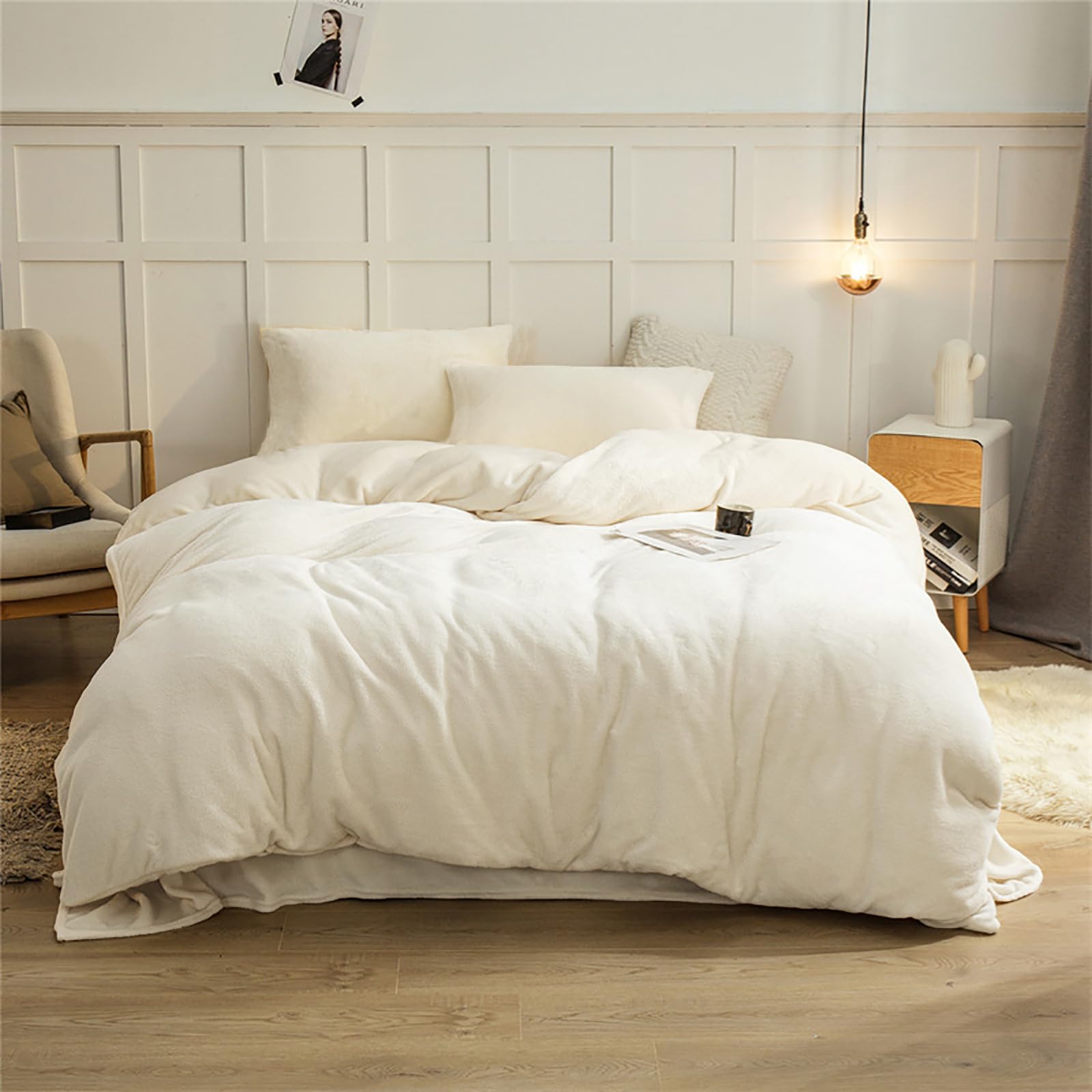 Cottonight White Velvet Comforter Set Queen Plush Fluffy Bedding Comforter Set Full Warm Cozy Super Soft Heavyweight Flannel Com