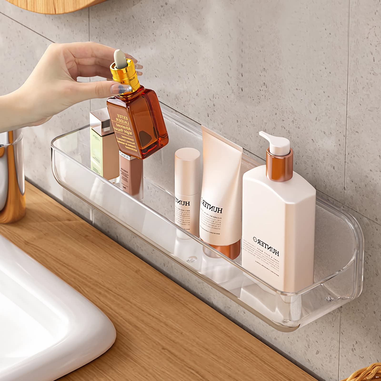Diesisa Acrylic Wall Mounted Shower Caddy, Clear, 12.4 x 3.42 x 3.26 Acrylic Shelf, No Drilling Hang Walls Adhesive Shelf, Acryl