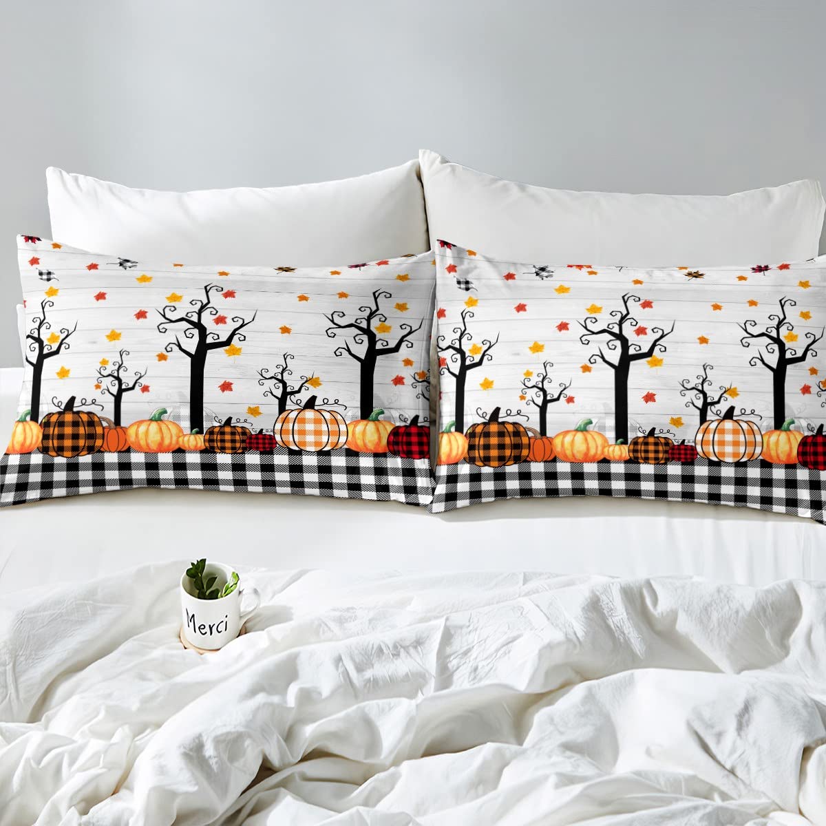 Erosebridal Fall Pumpkin Harvest Bed Sheets Queen Size Black White Plaid Sheet Set For Kids Boys Halloween Maple Leaves Autumn F