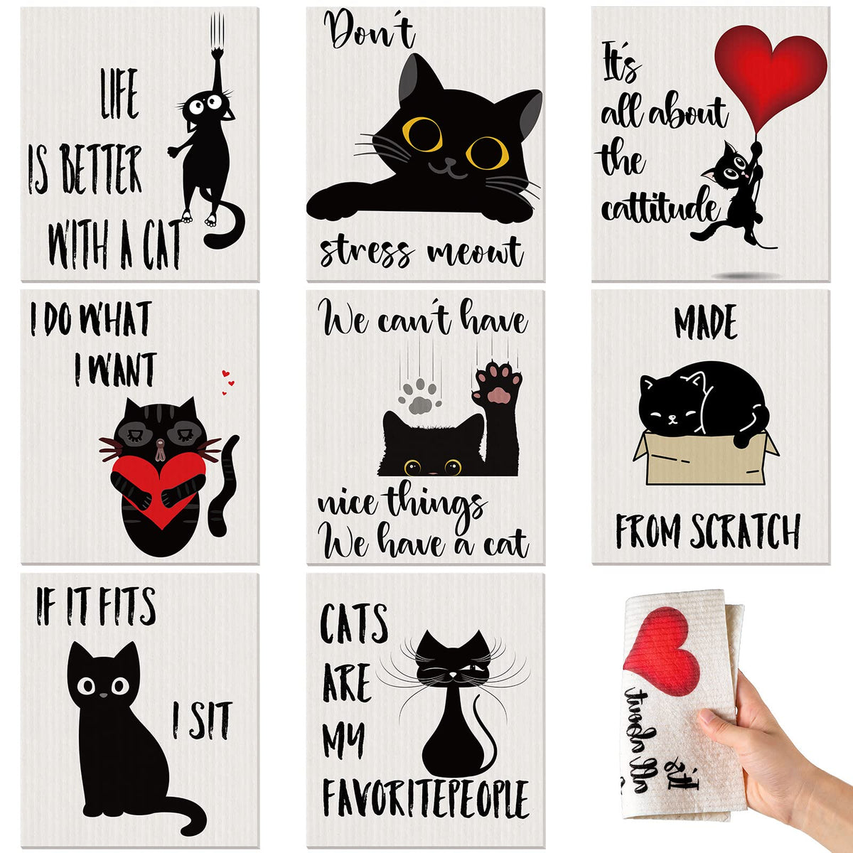 Funtery 8 Pcs Black Cat Swedish Kitchen Dishcloths Reusable Swedish Absorbent Sponge Cloths Washable Kitchen Dish Towel Quick Dr