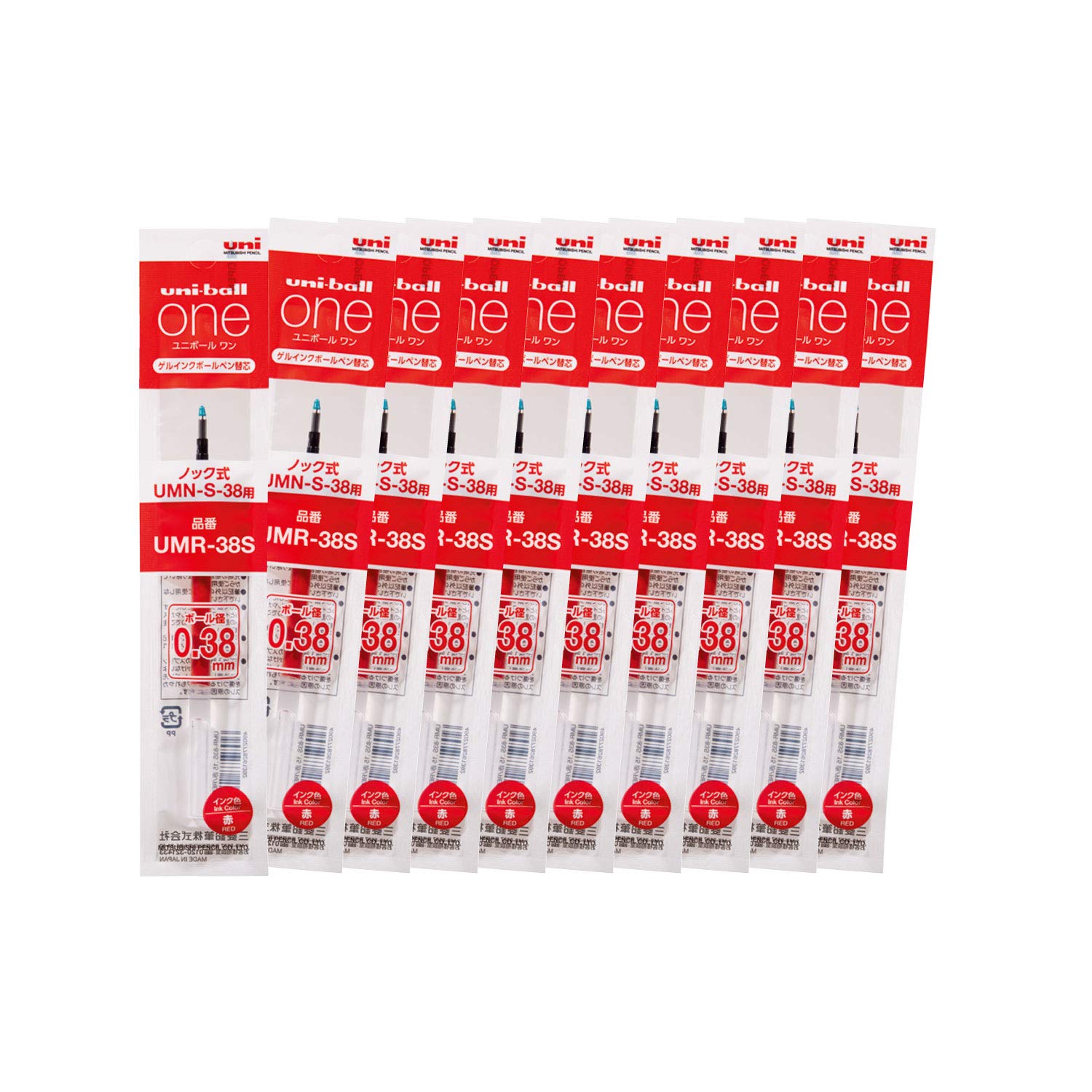 Mitsubishi Pencil Uniball One Hako Umr38S.15 Gel Ballpoint Pen Refills, 0.38, Red, 10 Pieces
