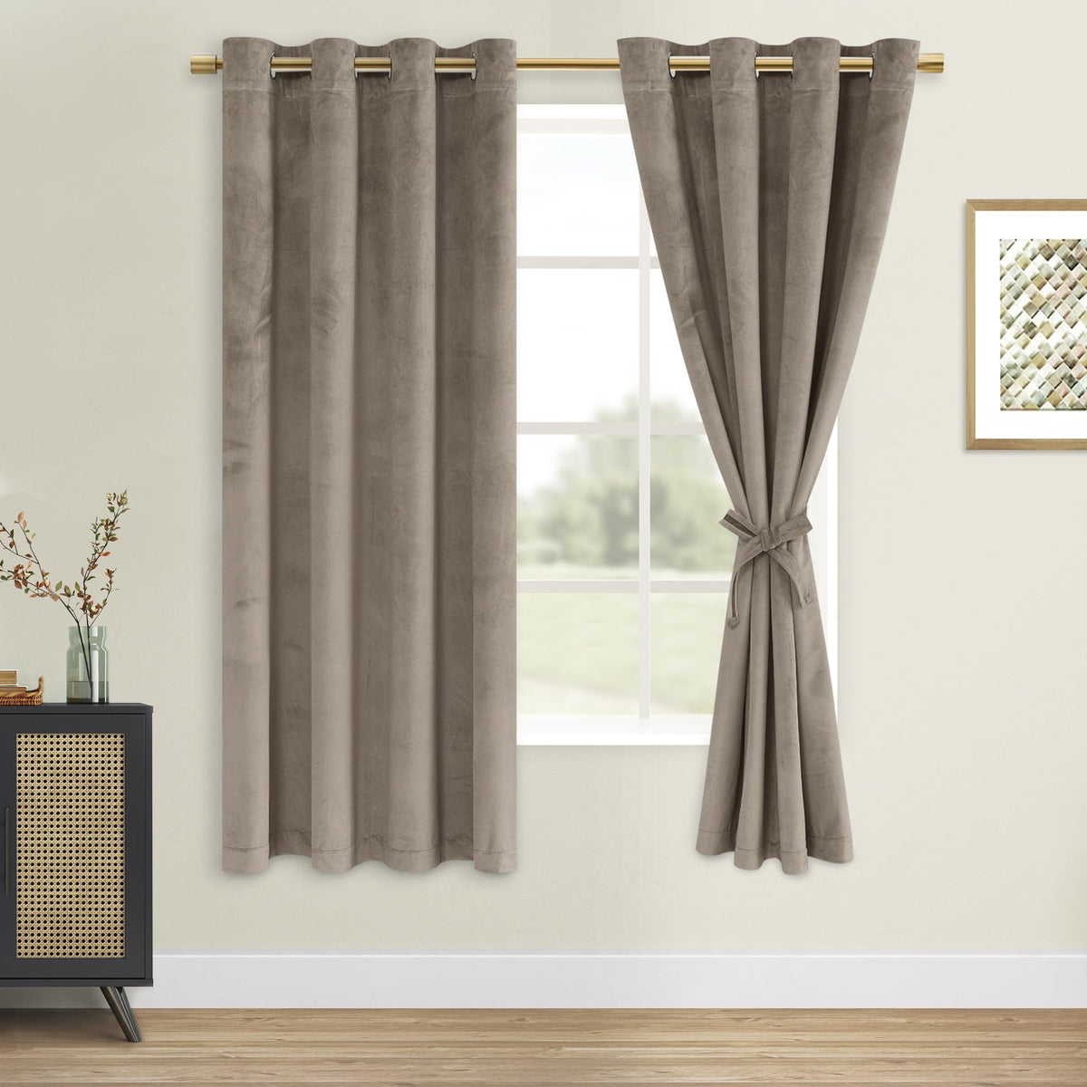 Dwcn Velvet Curtains Taupe 63 Inches Long- Room Darkening Light Blocking Window Drapes For Nursery Bedroom, Living Room, Tieable