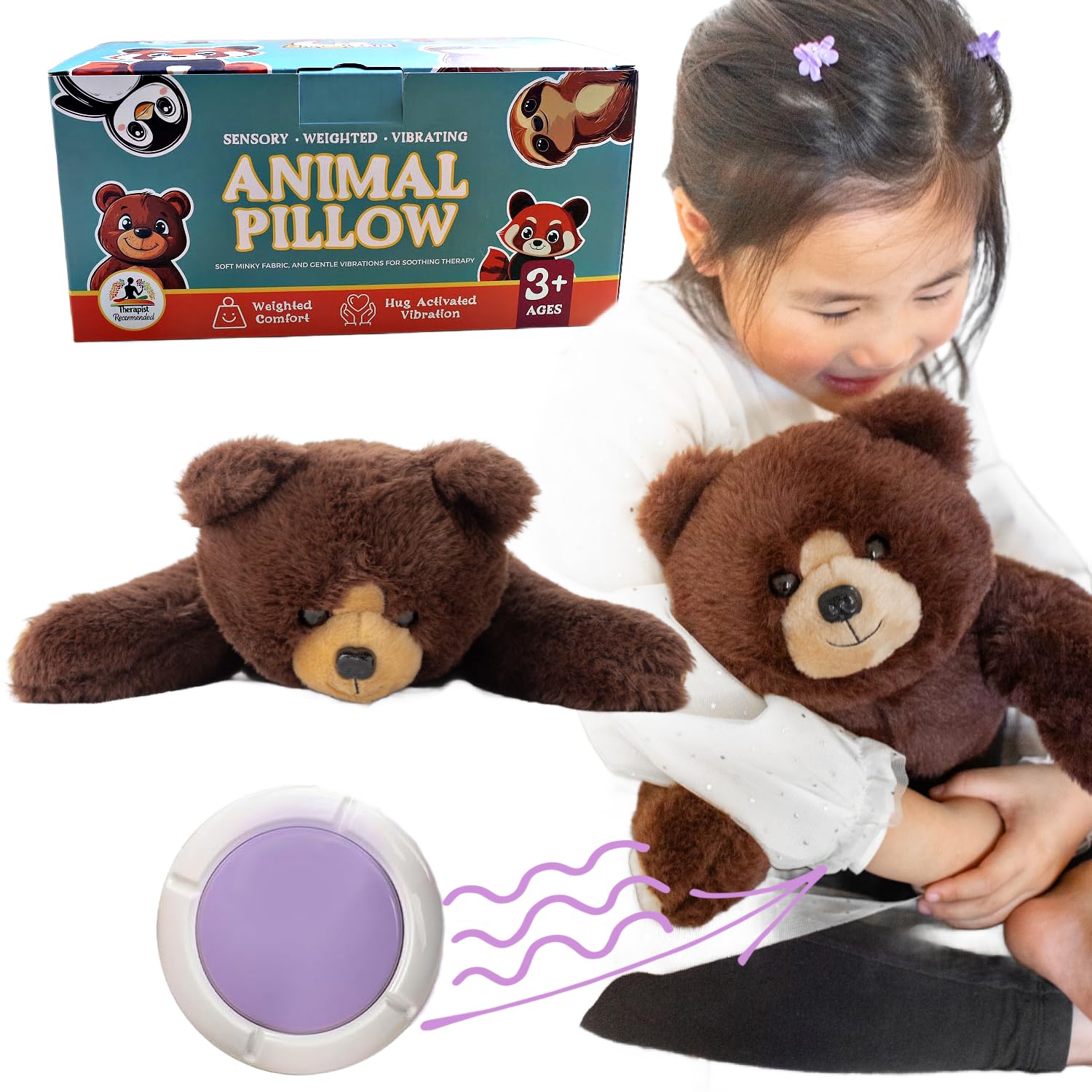 Snugglekid Bear Sensory Weighted Vibrating Pillow, Pressure Activated For Kids Adults, Plush Minky Soft Size: 11 By 20 Inches Pi