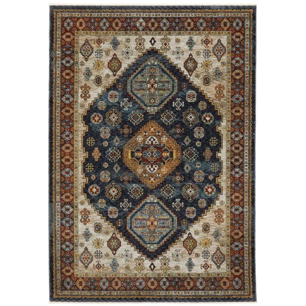 HomeRoots 508044 10 x 13 ft. Blue Red Beige Orange Gold & Tan Oriental Power Loom Stain Resistant Rectangle Area Rug with Fringe