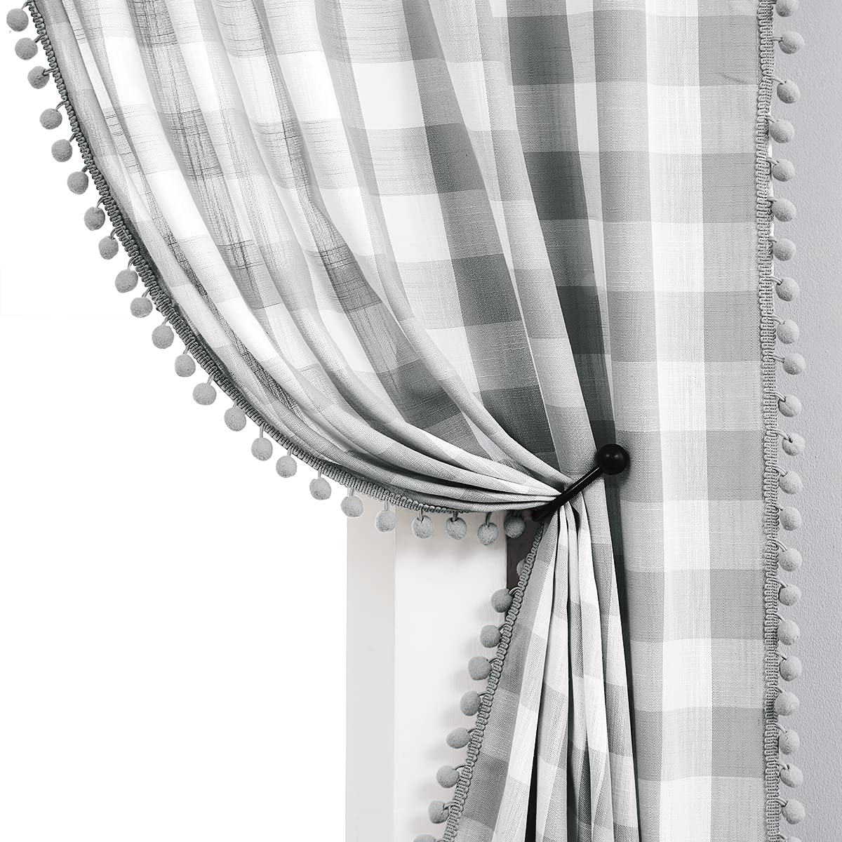 Treatmentex White Grey Buffalo Plaid Curtains 95Inch Pom Pom Curtains For Living Room Vintage Farmhouse Gingham Check Kitchen Cu