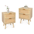 HOPUBUY Nightstands Set of 2 with Rattan Drawer, Modern Night Stand for Bedrooms, Wooden 2 Drawer Bedside Table Side Table for S