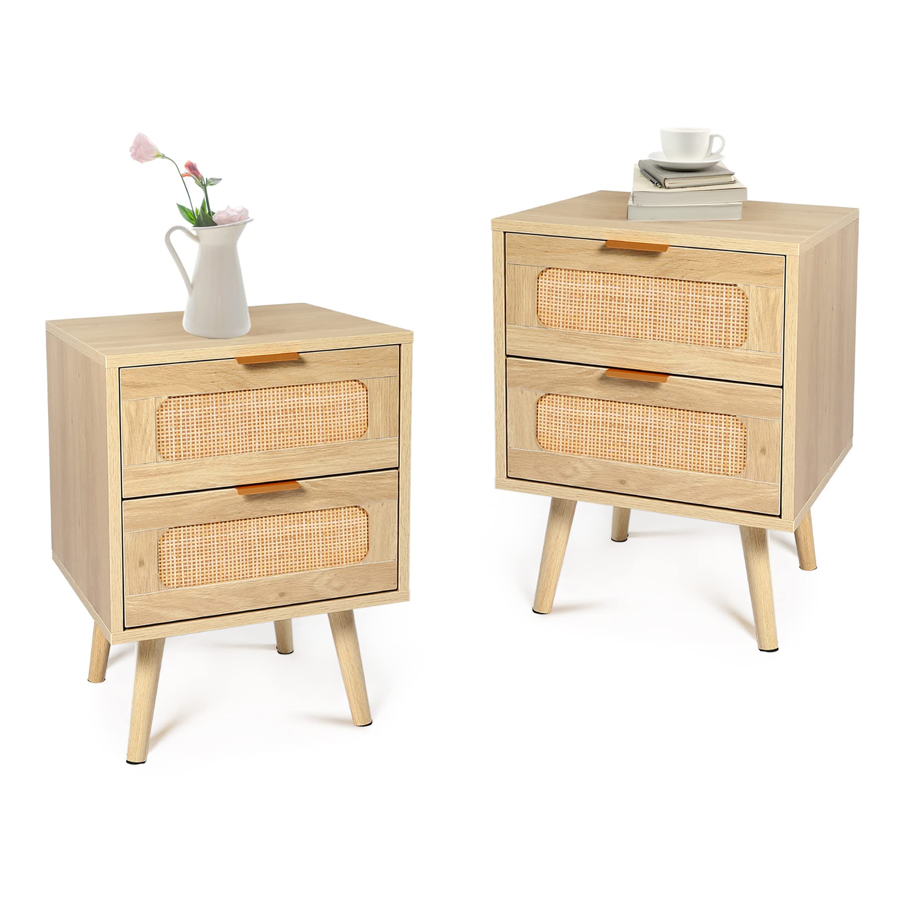 HOPUBUY Nightstands Set of 2 with Rattan Drawer, Modern Night Stand for Bedrooms, Wooden 2 Drawer Bedside Table Side Table for S